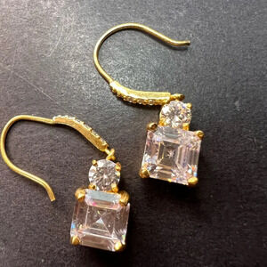 CZ Asscher Cut 18k Yellow Gold Sterling Silver Dangle Earrings 9.40ctw